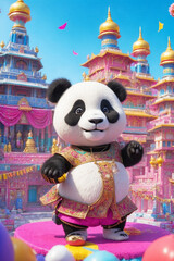 Panda in a beautiful costume in a fabulous city