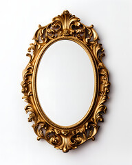 Oval golden frame for paintings, mirrors or photo isolated on white background. Vintage decoration