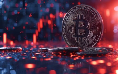 bitcoin criptocurrency symbol with glowing technology abstract effect and hologram circuit background