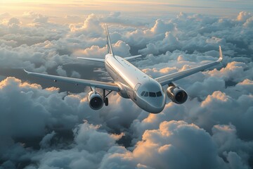 Commercial jet flying above the clouds The most modern and fastest form of travel. business life and luxurious life style - obrazy, fototapety, plakaty