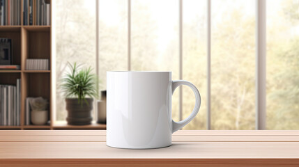 Fototapeta na wymiar White Ceramic Mug Mockup on Wooden Table with Bookshelf and Autumn Window View