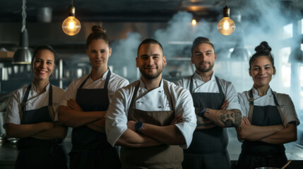 Professional Chefs in Aprons Smiling in Industrial Kitchen Setting
