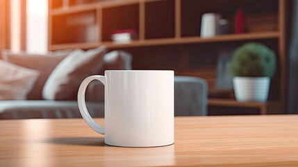 White Cup Mockup on Cozy Wooden Coffee Table with Soft Background