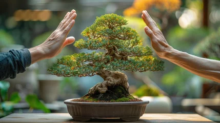 Foto auf Acrylglas Hands gently framing a meticulously cared for bonsai tree, symbolizing the art and dedication of bonsai cultivation. © charunwit