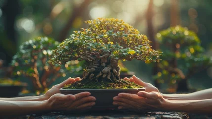 Foto op Plexiglas Hands gently framing a meticulously cared for bonsai tree, symbolizing the art and dedication of bonsai cultivation. © charunwit