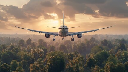 Environmentally friendly air transport concepts An airplane flies in the sky with a background of green trees. environmental pollution