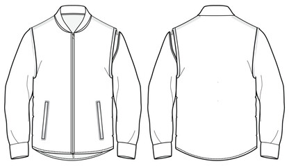 Hybrid Bomber jacket with detachable sleeve design flat sketch Illustration front and back view vector template, Winter Jacket for men and women