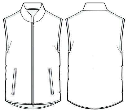 Sleeveless Gilet jacket design flat sketch Illustration front and back view vector template, Winter Bomber Jacket for men and women