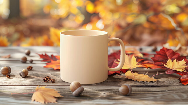 Warm Cream Mug Mockup on Wooden Surface with Colorful Autumn Leaves and Acorns