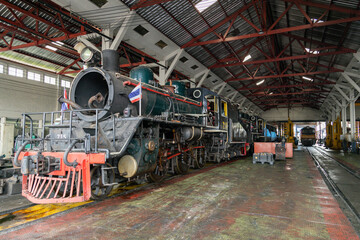 the train's diesel engine, railway track in depot of train