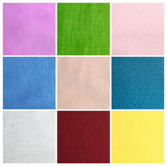 Textures of different colorful fabrics, top view