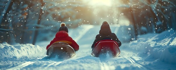 Thrilled friends sliding down snowy hill on sleds enjoying winter fun. Concept Winter Wonderland, Sled Riding, Snowy Adventures, Joyful Friends, Winter Fun - obrazy, fototapety, plakaty
