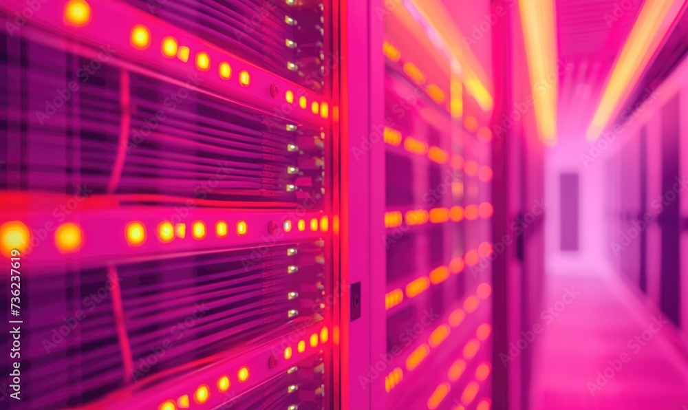 Poster pink glowing data storage server room with switchboard illuminated internet provider technology back
