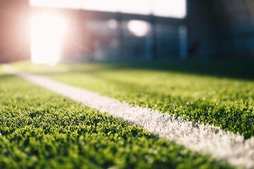 Soccer Field Sideline at Sunny Day. Summer Day at Sports Field. Sunlight in the Background. Soccer...
