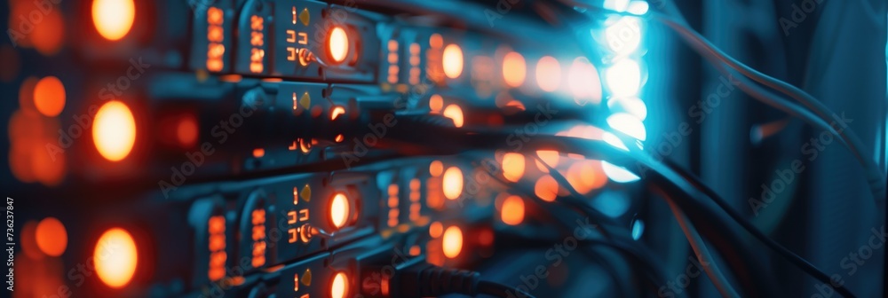 Poster blue and orange glowing data storage server room with switchboard illuminated internet provider tech