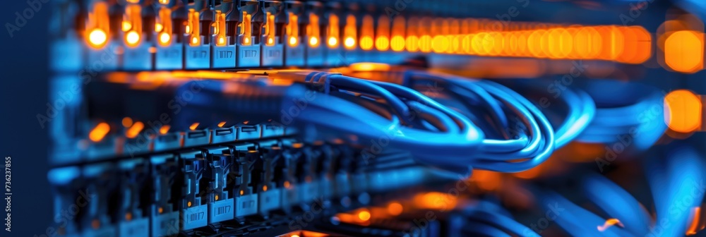 Poster blue and orange glowing data storage server room with switchboard illuminated internet provider tech