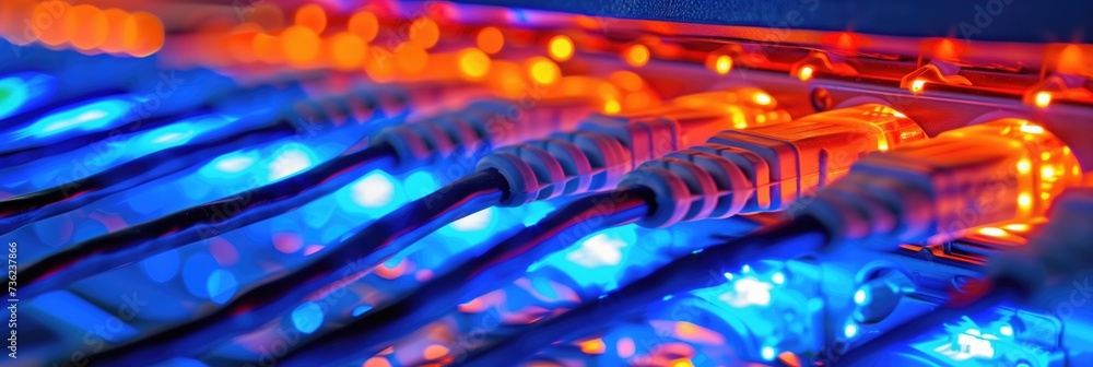 Poster blue and orange glowing data storage server room with switchboard illuminated internet provider tech