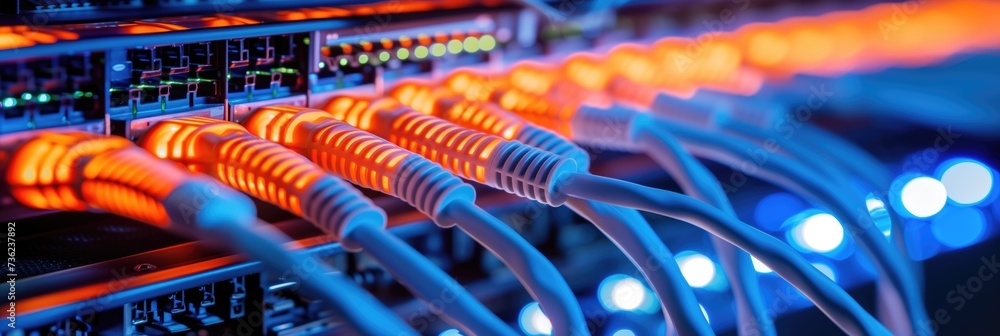 Poster blue and orange glowing data storage server room with switchboard illuminated internet provider tech
