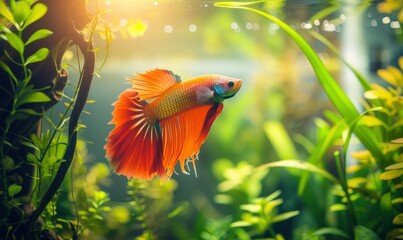Underwater Serenity. A Beautiful Betta Fish Amidst Clear Water, Surrounded by Various Aquatic Plants, Creating a Tranquil Aquascape. - obrazy, fototapety, plakaty