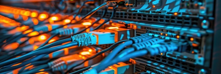 Blue and orange glowing data storage server room with switchboard illuminated Internet provider technology background for worldwide network connection