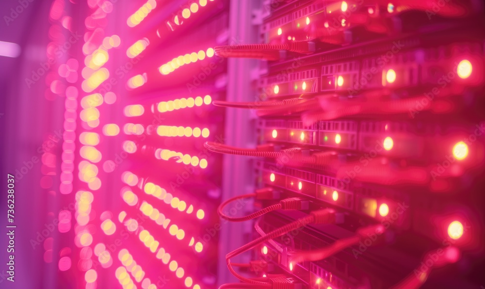 Poster pink glowing data storage server room with switchboard illuminated internet provider technology back