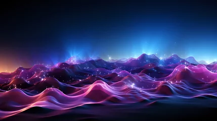 Foto op Canvas Enchanted Night Landscape. A digital art piece with neon waves across a mystical mountain range under a starlit sky, perfect for fantasy backgrounds. © Yuliia
