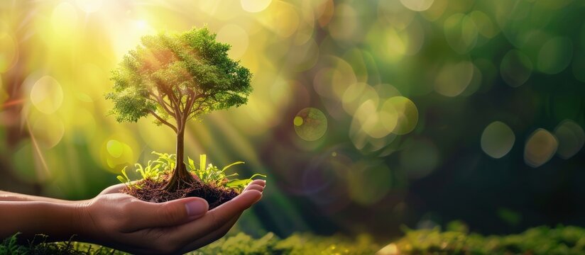 Earth Day. Female Hand Holding Tree Seedlings, Symbolizing Forest Conservation and Environmental Awareness Against a Bokeh Green Background of Natures Growth.