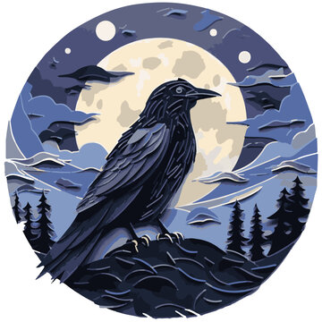 raven at night with full moon, crow as colorful children book illustration