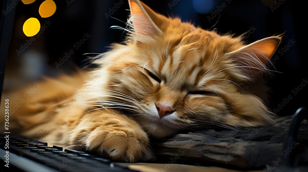 Poster serene cat nap with warm bokeh lights. a ginger cat sleeps peacefully atop a keyboard, its fur aglow
