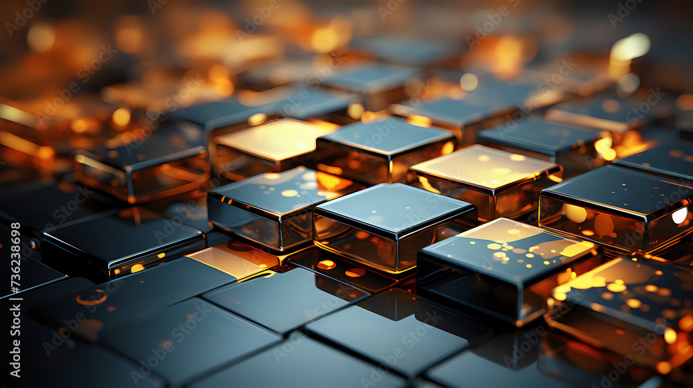 Poster reflective golden cubes on dark surface. an array of golden cubes on a dark reflective surface creat