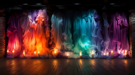 Enchanting Drapery and Candles Set Design.
A captivating scene featuring colorful drapery and flickering candles creating a mystical atmosphere, perfect for theatrical backdrops and events.