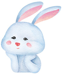 Watercolor easter rabbit.Bunny happy.Cute  white rabbit.