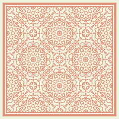 Bright color abstract geometric mandala pattern in white orange, vector seamless. Frame.