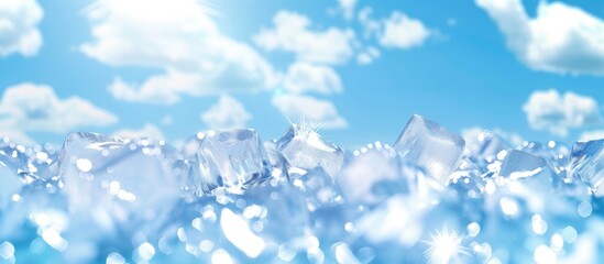 Icy Elegance. Water Ice Cube Pattern Background with Blurred Blue Sky and Clouds, Perfect as a Winter Wallpaper or Summer Banner Backdrop.