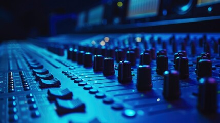 A recording studio macro view of mixing console - obrazy, fototapety, plakaty