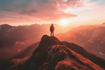 Adventurous Hiker Standing on Mountain Summit at Sunrise, Inspiring Landscape with Golden Light and Majestic Peaks - obrazy, fototapety, plakaty