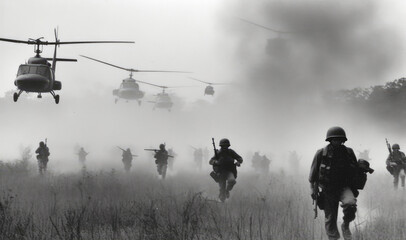 Fototapeta na wymiar Brave Marines Descend: Helicopter Landing