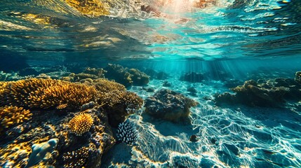 Undersea Wonderland: Luminous Coral Reef in Transparent Blue Sea Waters