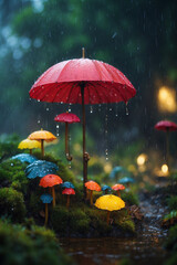 a small red umbrella with raindrops dripping from it all this is in the forest