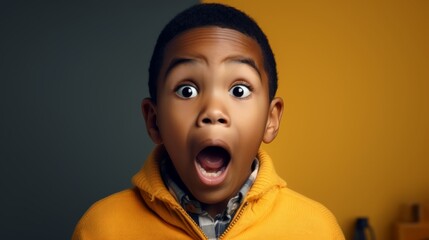Wow. Studio shot of emotional adorable African American little boy raising eyebrows and covering open mouth with hand - obrazy, fototapety, plakaty