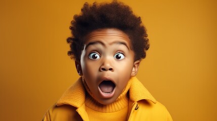 Wow. Studio shot of emotional adorable African American little boy raising eyebrows and covering open mouth with hand - obrazy, fototapety, plakaty
