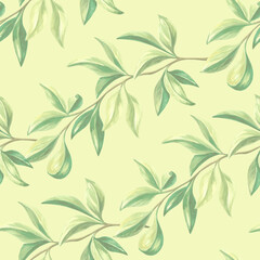 Seamless pattern with green leaves of oranges tree. Hand drawn watercolor botanical illustration of citrus branches. Background template with plants for cards, fabric, wallpaper, scrapbooking, covers.