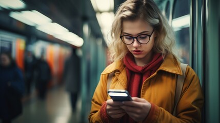 Young woman using a smartphone in a subway - obrazy, fototapety, plakaty