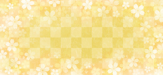 和紙質感の桜の花と市松模様の和風の背景、黄色