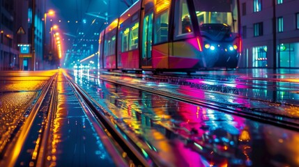 he reflection of a modern tram in a rain-slicked street, its vibrant lights casting colorful streaks across the wet pavement