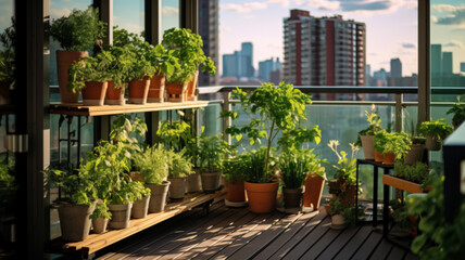 Fototapeta premium Vertical garden on a high-rise apartment balcony