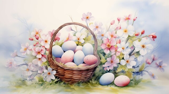 Vibrant Watercolor Illustration: Basket of Easter Eggs Submerged in Colorful Flowers, Joyful Easter Theme with Artistic Flair