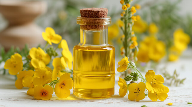 Organic canola oil in a small glass jar with canola seeds and fresh flowers. Outdoors. Canola oil and seeds. Canola oil and flower isolated on white, top view. Closeup photo of canola