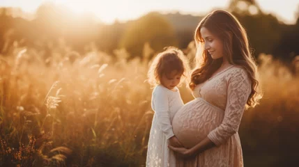Fotobehang Happy family: a young beautiful pregnant woman with her little cute daughter walking in the wheat field on a sunny summer day © Natalia Klenova