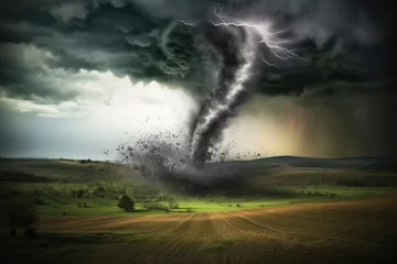 Fotobehang Unleashed Fury: Tornado Strikes Farmland © Andrii 